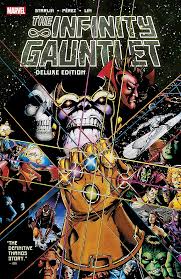 Illustrated Infinity Gauntlet displayed on a museum pedestal